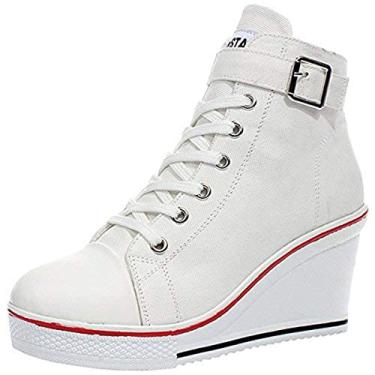 Imagem de ALLINNINE Tênis feminino de salto alto moderno de lona cano alto com cadarço borda cunha zíper inclinado sapatos tamanho 4-11, Branco, 34