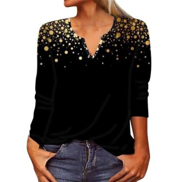 Imagem de Camiseta feminina, gola V, estampa floral, blusas casuais, de manga comprida, folgada, confortável, túnica, camisetas de férias, Dourado, 3G