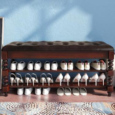 Imagem de Sapateira de madeira maciça, caixa de armazenamento oculta, banco de sapatos com almofada, pode armazenar sapatos de tamanho grande, salto alto, sapatos de cano médio, etc