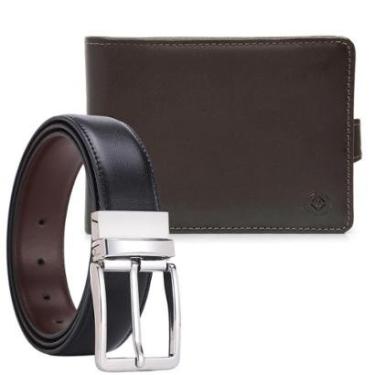 Imagem de Carteira Masculina Porta Cartão De Couro Legítimo Bovino Kit Cinto Masculino Dupla Face-Masculino