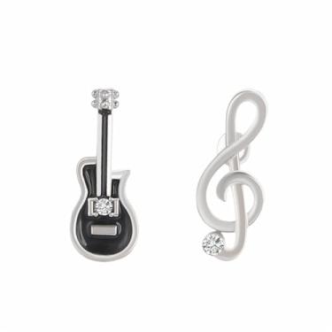 Imagem de Brincos pequenos assimétricos para guitarra, notas musicais, prata incompatível, pingente criativo, clave de violino, baixo, chique, strass, zircônia cúbica, brincos para mulheres, minimalistas,