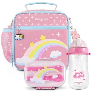 Imagem de Kit Bolsa Térmica com Pote e Garrafa Infantil Estampados Escola Passeio Criança (Rosa)
