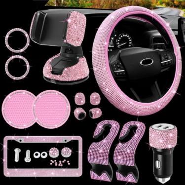 Imagem de Conjunto de acessórios de carro Bling para mulheres, decoração de strass MAIMEIMI interior com capas de volante, moldura de placa de carro, suporte e carregador de carro, 14 peças lindo conjunto de