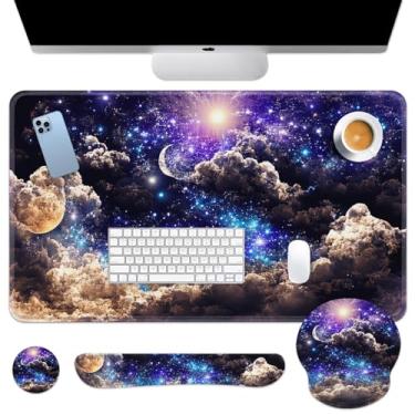 Imagem de Britimes Conjunto de mouse pad de teclado Moon Space Night Blue Cute Cloud 4 em 1 grande mousepad + teclado descanso de pulso + mouse descanso de pulso + porta-copos design ergonômico para computador