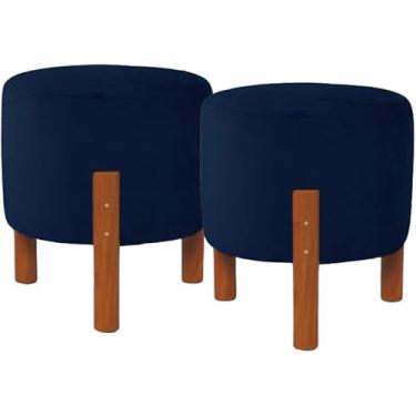 Imagem de Kit 2 Puff Redondo Luxo Decorativo Charme Thor com Pés de Madeira Suede Azul Marinho - PC MÓVEIS
