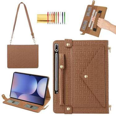 Imagem de Capa de mão para Samsung Galaxy Tab S10+/S9 FE+/S9+Plus de 12,5 polegadas, capa carteira Techcircle elegante com suporte para lápis, compartimentos para cartões, alça de mão, alça de ombro, marrom