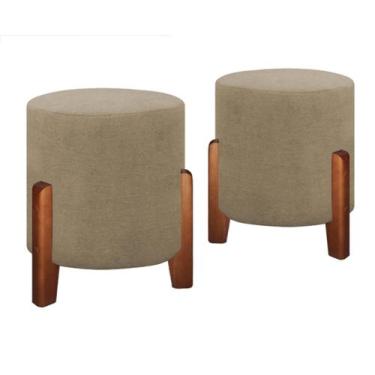 Imagem de Kit 2 Puff Sala Decoração Moderna Estilo Retrô Pé Madeira Cor Bege Lin