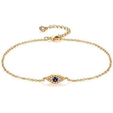 Imagem de Dremmy Studios Tornozeleira de corrente de ouro simples, banhado a ouro 14 quilates, disco delicado, olho turco, verão, praia, tornozeleira, joia feminina, 9 inch, Latão, Zircônia cúbica