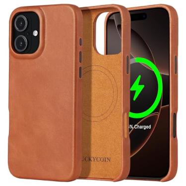 Imagem de Capa de telefone compatível com MagSafe de couro genuíno para Apple iPhone 16 Plus 6,7 polegadas marrom, para carregamento sem fio, capa protetora com forte magnetismo, botões de metal, moldura da