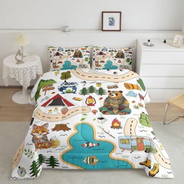 Imagem de Feelyou Conjunto de cama para crianças, meninos, meninas, tamanho casal, barraca de animal, montanha, árvore, acampamento, fogueira, atividades ao ar livre, edredom com estampa de arte, colcha