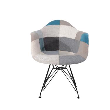 Imagem de Cadeira Eiffel Com Braços - Base Metal Preta - Assento Patchwork Azul E Cinza