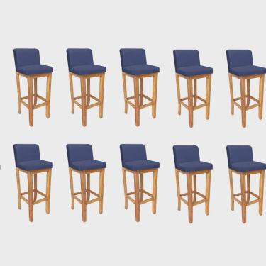 Imagem de Kit 10 Banqueta Alta Com Encosto Aila Balcão Bistrô Base Madeira Maciça Sintético Azul Marinho - Ahz Móveis