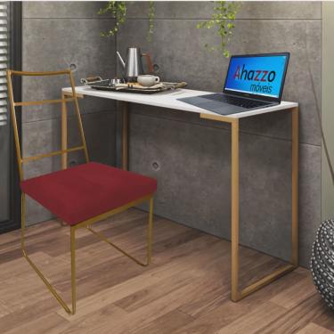 Imagem de Kit Escritório Stark Cadeira e Mesa Industrial Ferro Dourado Tampo mdf Branco Suede Ver...