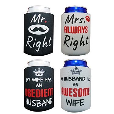 Imagem de Tainada Neoprene Beer Drink Can Garrafa Coolie Cooler Isoladores Capa de Manga Huggie Holder (2 peças, Impressão Dupla Lateral) com Um Bônus Coaster Absorvente (Mr. Right & Mrs. Always Right)