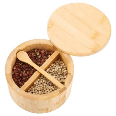 Imagem de RAETTER.LY Tigela de sal e pimenta de bambu natural, adega de sal de bambu e caixa de armazenamento de especiarias com colher embutida e tampa giratória magnética (dois compartimentos)