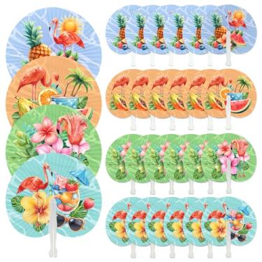 Imagem de MOLDTAS 24 peças de leques de papel flamingo, ventiladores portáteis dobráveis ventiladores decorativos de festa em forma redonda com alça de plástico para suprimentos de festa de aniversário de verão