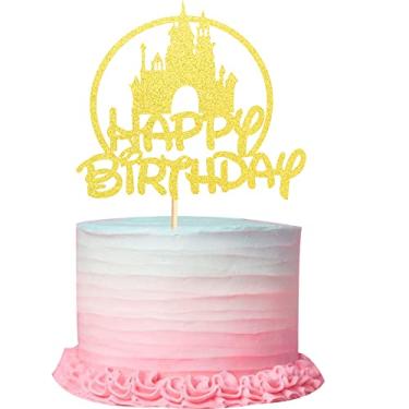 Imagem de Arthsdite Castle Birthday Cake Topper, Castle Theme Birthday Party Decoration, Princess Prince Happy Birthday Cake Decoration - Gold Glitter