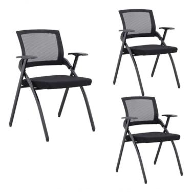 Imagem de Kit 3 Cadeiras De Escritório Universitária Cursinho Faculdade Dobrável Tela Mash Preta