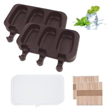 Imagem de Conjunto de 2 moldes de picolé, moldes de silicone para picolé, 3 cavidades, forma oval de bolo com 100 palitos de madeira para picolé, bolo (marrom)