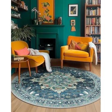 Imagem de RELEANY Tapetes de área de 1,5 m, lavável, antiderrapante, estampa floral, vintage, tapete medalhão para sala de estar, quarto, sala de jantar, verde-petróleo, azul lago turquesa