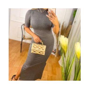 Imagem de Vestido feminino manga longa gola alta malha canelada longo - Filó Mod