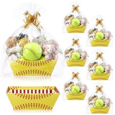 Imagem de Kolldenn Pacote com 6 cestas de softball para presentes, cestas de presente de papel vazias com sacos de embalagem de celofane e arcos, bandejas de softball, de papelão para lembrancinhas de festa