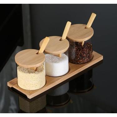 Imagem de Kit 3 Potes De Vidro Condimento Bambu Colher Suporte
