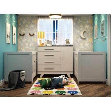 Imagem de Quarto de Bebê para Gêmeos com 2 Berços e Cômoda Retrô 100% MDF - Móve