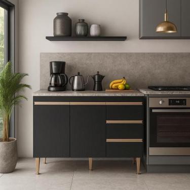 Imagem de Balcão de Pia Cozinha Modulada Serena com Gavetas MDP 120x88x52cm Pret