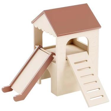 Imagem de Varku Esconderijo de madeira de porquinho-da-índia com escorregador, design de dois níveis, rampa ajustável, escorregador duplo, esconderijo espaçoso e confortável para hamsters, coelhos, fácil de