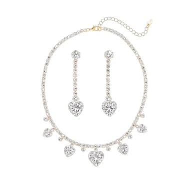 Imagem de Cykdohy Pingente de coração de strass de luxo corrente de tênis gargantilha e brinco conjunto de 2 peças brilhante lindo cristal amor stud noiva casamento dama de honra festa baile moda joias para