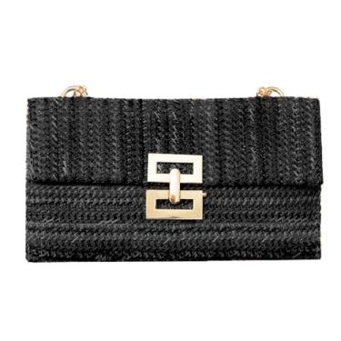 Imagem de Huralona Bolsa feminina de tecido de palha plissada para férias de verão na praia bolsa tiracolo de palha, Preto 1