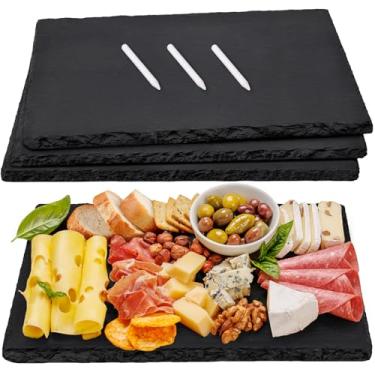 Imagem de MAPRIAL Tábuas de queijo de ardósia, pacote com 4, 38 x 25 cm, grandes tábuas de charcutaria, pratos de pedra de ardósia preta, bandeja de servir para festas, sushi, casamento, Halloween, Natal, casa