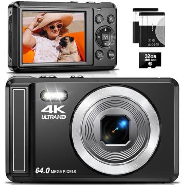 Imagem de Câmera Digital 4K 64MP com Foco Automático,Fotográfica para Vlog, Zoom, Tela 2.8 Polegadas，fotografia, Cartão SD de 32GB, 2 Baterias, Câmera Compacta，para Adolescentes e Iniciantes, Flash