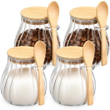 Imagem de Willinglong Pacote com 4 recipientes de açúcar com tampa de bambu e colher de vidro de 425 g com tampa hermética para recipiente de armazenamento de açúcar mascavo para café, escritório, acessórios de