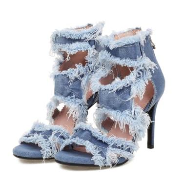 Imagem de Bapolee Sandálias femininas de salto alto jeans com bico aberto, modernas, confortáveis, com tira no tornozelo, Azul - 9 cm, 42