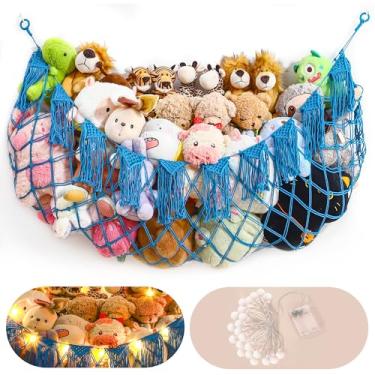 Imagem de Rede para animais de pelúcia com luzes – rede de brinquedo grande para organizar ursos de pelúcia e armazenamento abafado, rede de pelúcia grande para quartos de crianças, berçário (azul GG)
