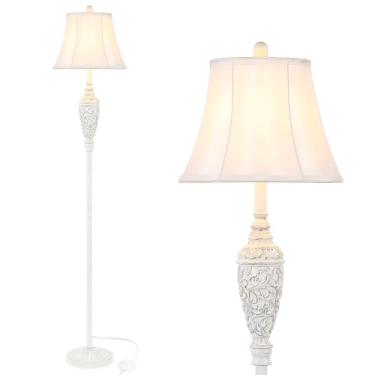 Imagem de Sheetea Candeeiro de chão vintage de 165 cm para sala de estar, luminária branca tradicional com base de resina esculpida e interruptor de pé, luminária clássica de mastro alto para casa de fazenda