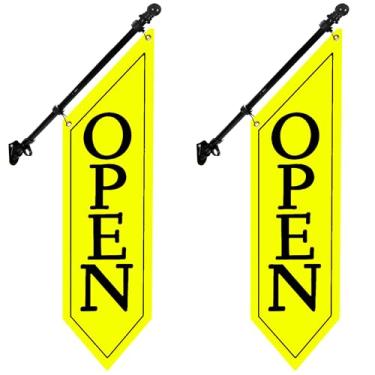 Imagem de Pacote com 2 bandeiras abertas com kit de mastro - Banner aberto de lona resistente para loja comercial, placa dupla face externa de 106 x 30 cm com suporte - Sinalização publicitária para varejo e