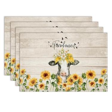 Imagem de Jogo americano de vaca de fazenda, conjunto com 4, 30,5 x 45,7 cm, aquarela, rústico, girassol, floral, vaca, retrô, de madeira, para festas, cozinhas, jantares, decoração