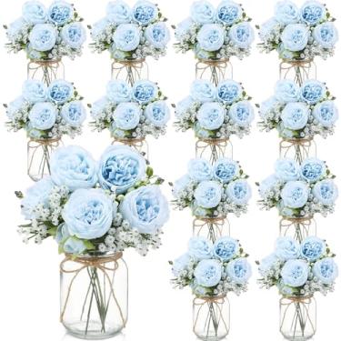 Imagem de Zeyune 12 conjuntos de decorações de mesa de centro de mesa de pote de pedreiro, buquês de flores artificiais de peônia para bebê, flores falsas com vaso, decoração rústica de casa de fazenda para