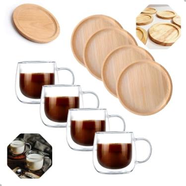 Imagem de Conjunto de 4 Xícaras de Vidro Borossilicato com Parede Dupla, 80ml, com Suporte em Bambu, Transparente