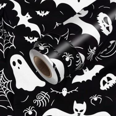 Imagem de HOMETITUTE Papel de parede Ghost Skull Peel and Stick de papel de parede de contato de Halloween 300 x 45 cm revestimento de parede decorativo de vinil autoadesivo para quarto, sala de estar, festa