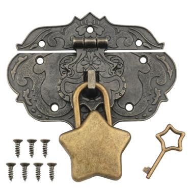 Imagem de ZZLZX Pentagrama Cadeado de liga de metal vintage 7 parafusos antigo em relevo decorativo ferrolho de latão estilo vintage trava de madeira caixa de joias caixa de joias decoração antiga em relevo