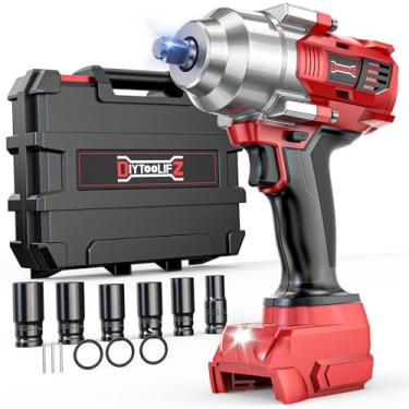 Imagem de DIYtoolifz Chave de impacto sem fio 1/5.1 cm compatível com bateria Milwaukee 18 V, chave de impacto de alto torque de 750 pés com 6 soquetes e estojo de armazenamento, pistola de impacto com 4
