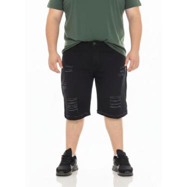 Imagem de Bermuda Jeans Masculina Preta Destroyed Plus Size Com Rasgo Desfiada -