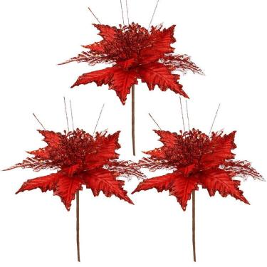 Imagem de Jogo 3 Pick Natal Flor Bico de Papagaio Vermelho Borda Glitter Luxo 25cm x 16cm