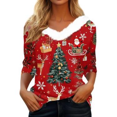 Imagem de Suéter COTECRAM Ugly Christmas feminino de lã, manga 3/4, vermelho M