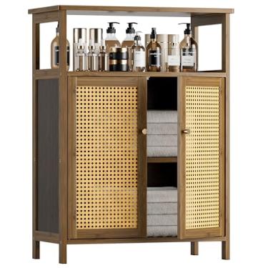 Imagem de HITNET Armário de piso de banheiro de vime, armário de armazenamento de bambu independente com 2 portas, aparador de sala de estar, economia de espaço, nogueira