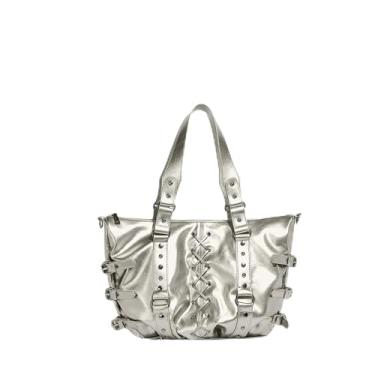 Imagem de QTKJ Sacola, bolsa de ombro de couro vintage brilhante, bolsa de mão de grande capacidade para mulheres ocasiões importantes, trabalho, viagens (prata), Prata, One Size